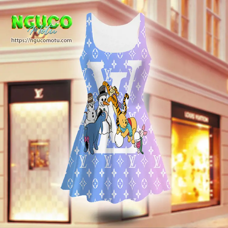 Lv and disney winnie the pooh tigger eeyore piglet rabbit louis vuitton sleeveless midi flared dress gift uninque for women
